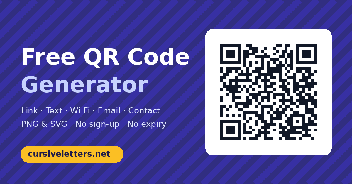 Free QR code generator from cursiveletters.net with a sample QR code and options for links, text, Wi-Fi, email and contacts